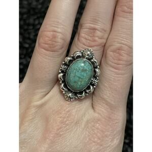 Native Southwest Sterling Silver Green Turquoise Ring Adjustable Concho Accents